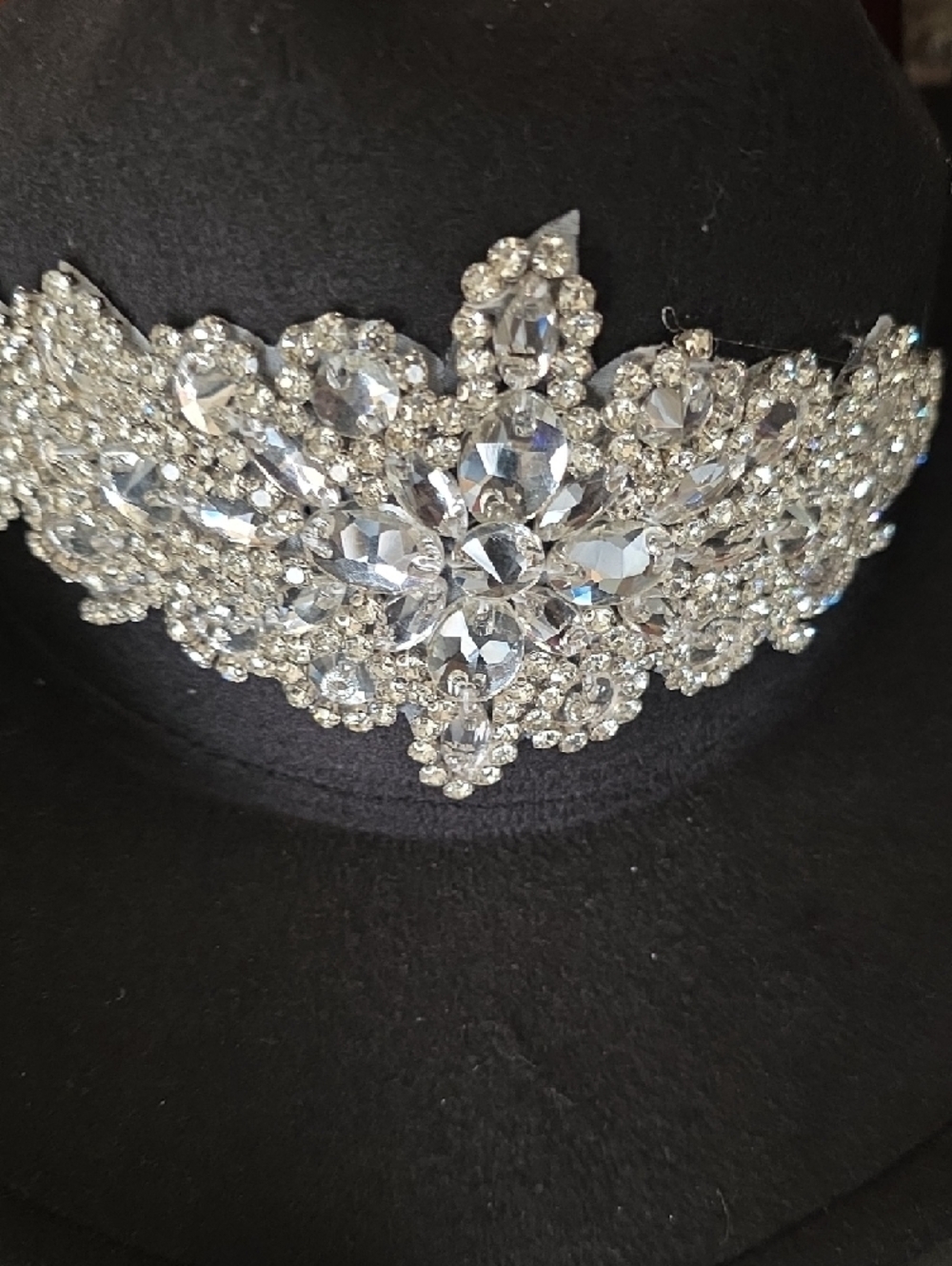 Black Felt Cowboy Hat with Silver Crystal Brooch - Picture 6 of 9